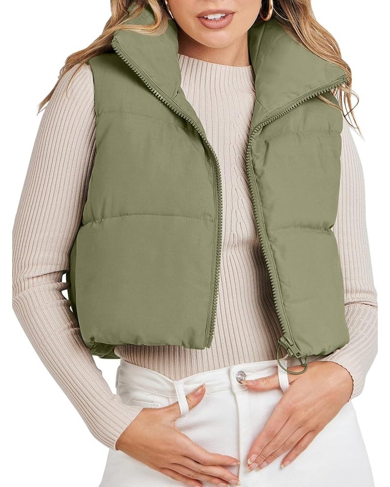 Women's Crop Puffer Vest Lightweight Stand Collar Sleeveless Zip Up Padded Gilet Coat Pea Green $18.63 Vests