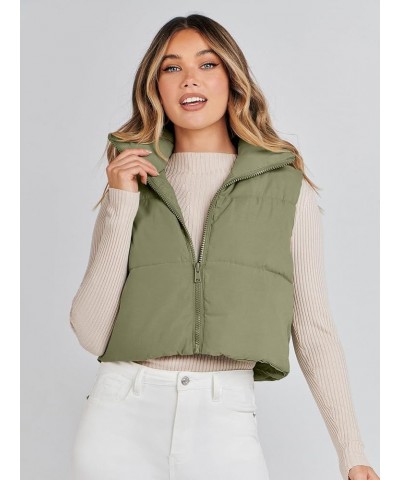 Women's Crop Puffer Vest Lightweight Stand Collar Sleeveless Zip Up Padded Gilet Coat Pea Green $18.63 Vests