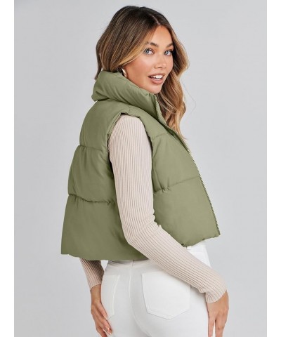 Women's Crop Puffer Vest Lightweight Stand Collar Sleeveless Zip Up Padded Gilet Coat Pea Green $18.63 Vests