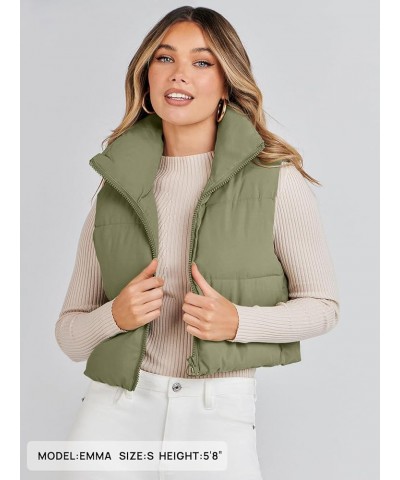 Women's Crop Puffer Vest Lightweight Stand Collar Sleeveless Zip Up Padded Gilet Coat Pea Green $18.63 Vests