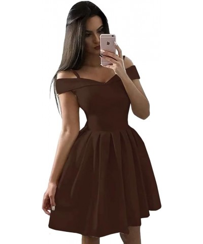 Women's Cold Shoulder Satin Homecoming Dresses for Teens Short V-Neck Formal Gowns with Pockets Chocalate $22.00 Dresses