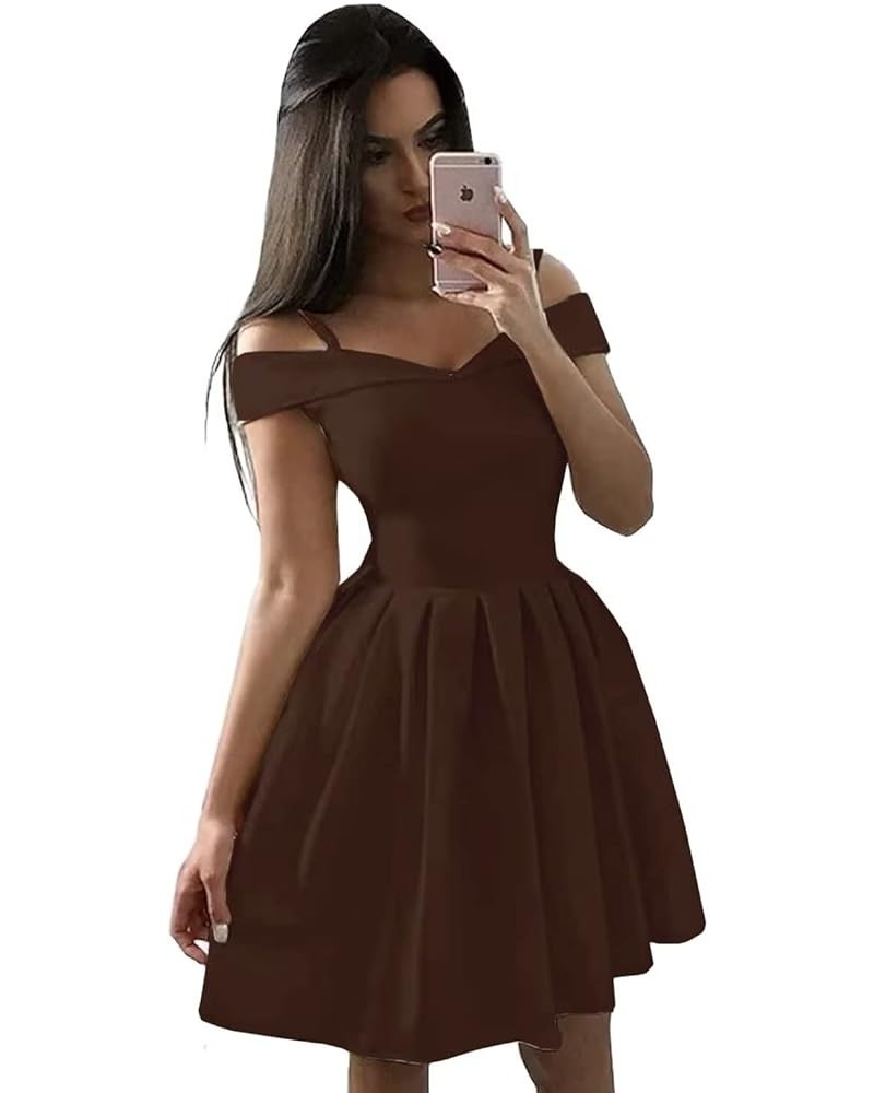 Women's Cold Shoulder Satin Homecoming Dresses for Teens Short V-Neck Formal Gowns with Pockets Chocalate $22.00 Dresses