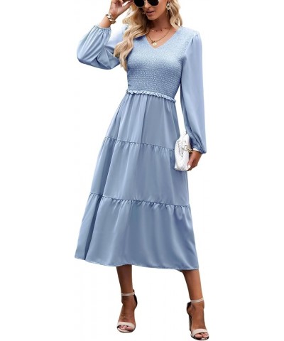 Long Sleeve Midi Dresses for Women 2023 Casual A Line High Waist V Neck Tiered Smocked Dress Misty Blue $24.95 Dresses