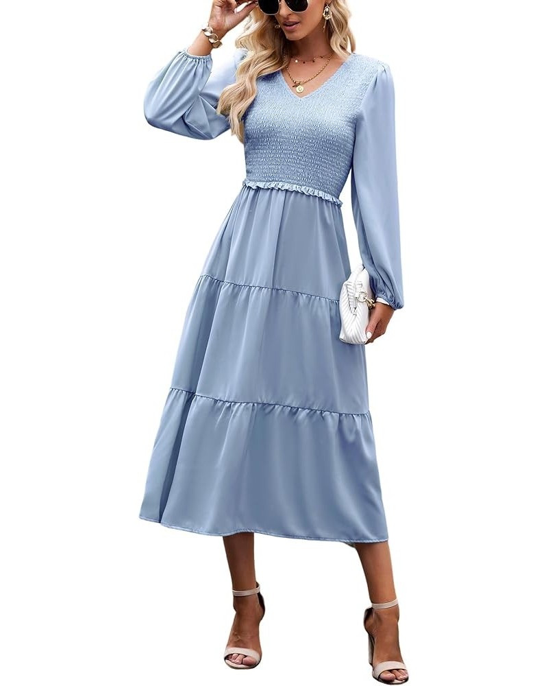 Long Sleeve Midi Dresses for Women 2023 Casual A Line High Waist V Neck Tiered Smocked Dress Misty Blue $24.95 Dresses