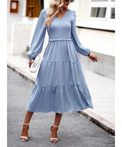 Long Sleeve Midi Dresses for Women 2023 Casual A Line High Waist V Neck Tiered Smocked Dress Misty Blue $24.95 Dresses