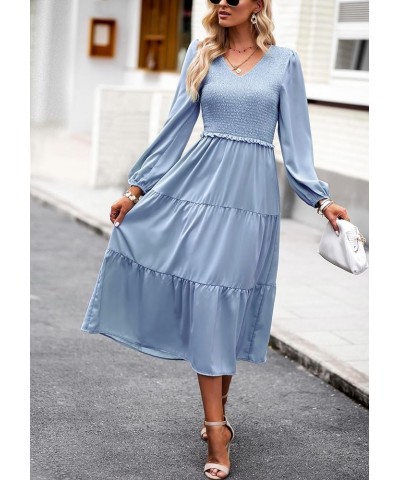 Long Sleeve Midi Dresses for Women 2023 Casual A Line High Waist V Neck Tiered Smocked Dress Misty Blue $24.95 Dresses