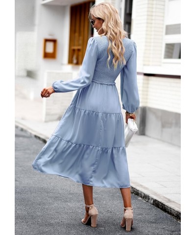 Long Sleeve Midi Dresses for Women 2023 Casual A Line High Waist V Neck Tiered Smocked Dress Misty Blue $24.95 Dresses