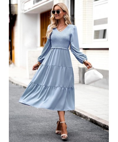 Long Sleeve Midi Dresses for Women 2023 Casual A Line High Waist V Neck Tiered Smocked Dress Misty Blue $24.95 Dresses