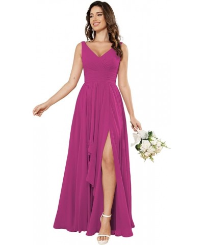 Women's V-Neck Bridesmaid Dresses with Slit Long Chiffon Ruffle Formal Party Dresses with Pleated XOD110 Fuchsia $31.20 Dresses