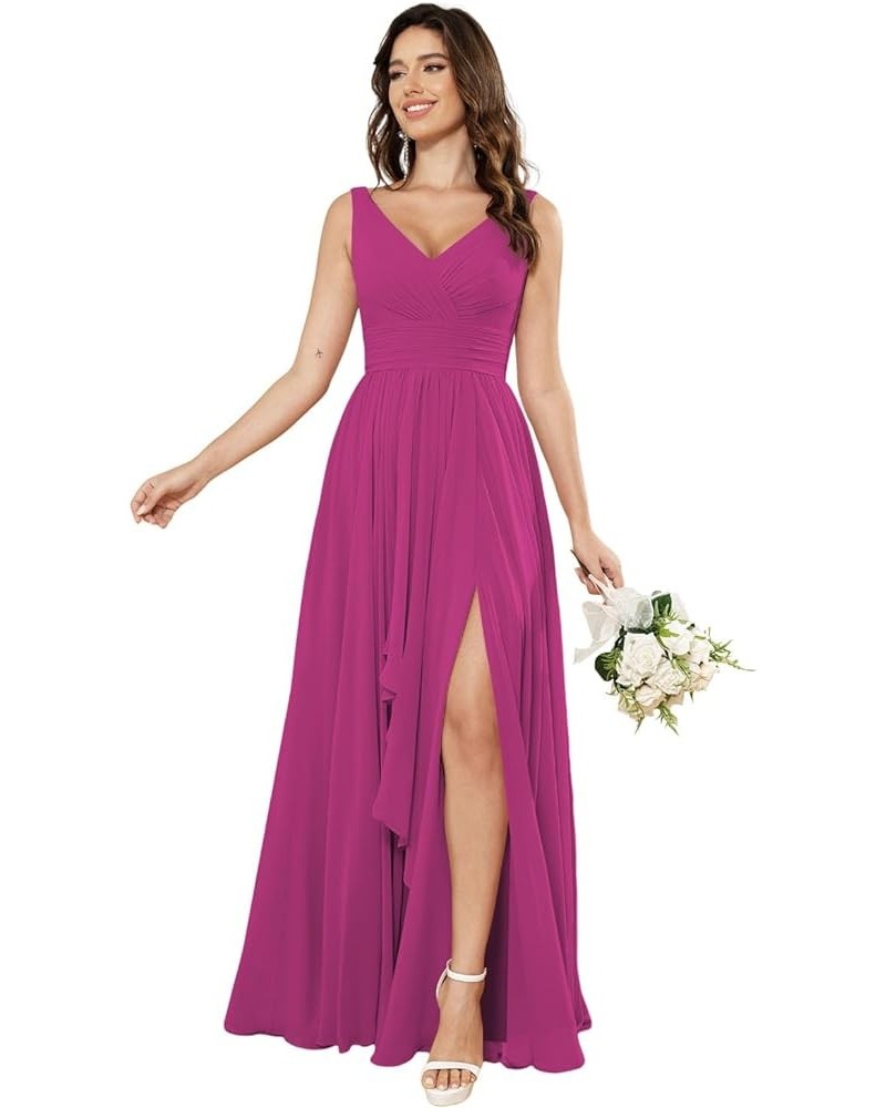 Women's V-Neck Bridesmaid Dresses with Slit Long Chiffon Ruffle Formal Party Dresses with Pleated XOD110 Fuchsia $31.20 Dresses