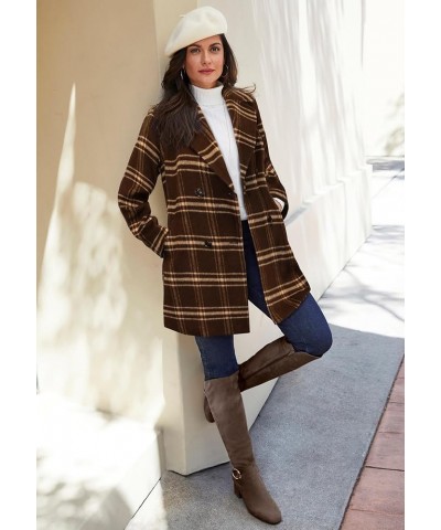 Women's Plus Size A-Line Wool Peacoat Navy Simple Plaid $61.78 Coats