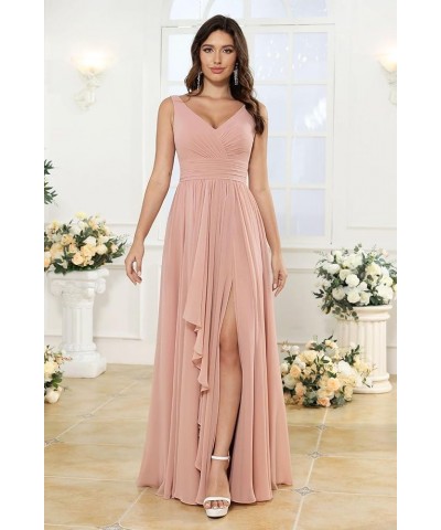 Women's V-Neck Bridesmaid Dresses with Slit Long Chiffon Ruffle Formal Party Dresses with Pleated XOD110 Fuchsia $31.20 Dresses