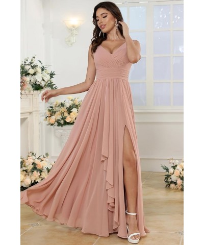 Women's V-Neck Bridesmaid Dresses with Slit Long Chiffon Ruffle Formal Party Dresses with Pleated XOD110 Fuchsia $31.20 Dresses