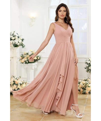 Women's V-Neck Bridesmaid Dresses with Slit Long Chiffon Ruffle Formal Party Dresses with Pleated XOD110 Fuchsia $31.20 Dresses