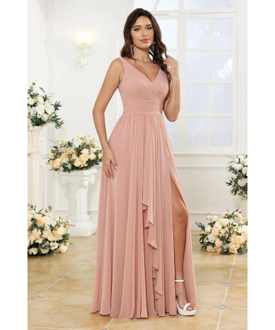 Women's V-Neck Bridesmaid Dresses with Slit Long Chiffon Ruffle Formal Party Dresses with Pleated XOD110 Fuchsia $31.20 Dresses