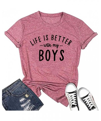 Womens Mother's Day T-Shirt Life is Better with My Boys Graphic Tee Funny Leopard Boy Mama Short Sleeve Pink-1 $11.19 T-Shirts