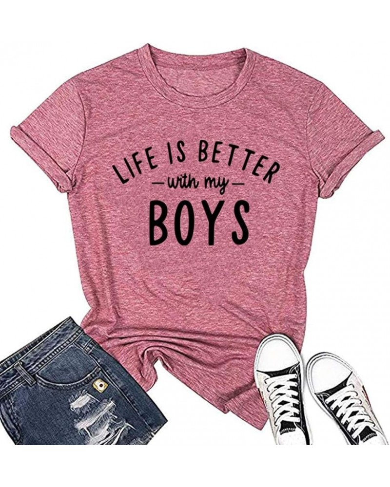 Womens Mother's Day T-Shirt Life is Better with My Boys Graphic Tee Funny Leopard Boy Mama Short Sleeve Pink-1 $11.19 T-Shirts