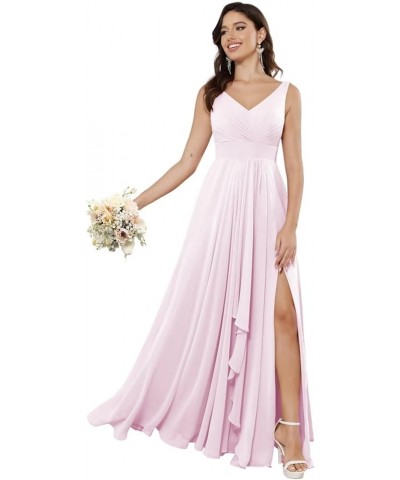 Double V Neck Ruffle Chiffon Bridesmaid Dresses Long with Slit Ruched A Line Formal Evening Dresses Pink $33.47 Dresses