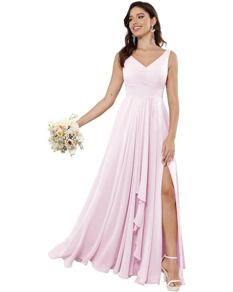 Double V Neck Ruffle Chiffon Bridesmaid Dresses Long with Slit Ruched A Line Formal Evening Dresses Pink $33.47 Dresses