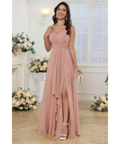 Double V Neck Ruffle Chiffon Bridesmaid Dresses Long with Slit Ruched A Line Formal Evening Dresses Pink $33.47 Dresses