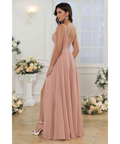 Double V Neck Ruffle Chiffon Bridesmaid Dresses Long with Slit Ruched A Line Formal Evening Dresses Pink $33.47 Dresses