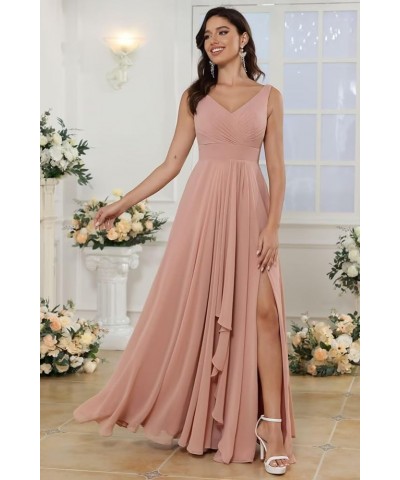 Double V Neck Ruffle Chiffon Bridesmaid Dresses Long with Slit Ruched A Line Formal Evening Dresses Pink $33.47 Dresses