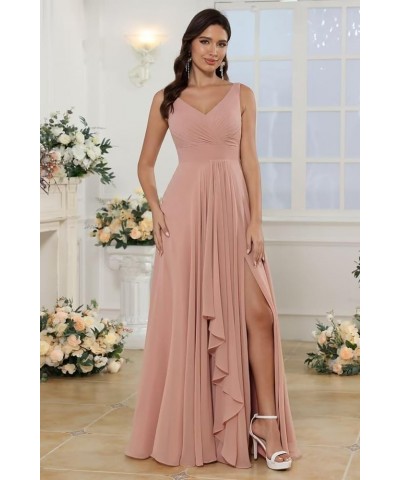 Double V Neck Ruffle Chiffon Bridesmaid Dresses Long with Slit Ruched A Line Formal Evening Dresses Pink $33.47 Dresses