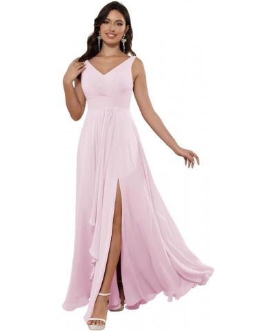 Double V Neck Ruffle Chiffon Bridesmaid Dresses Long with Slit Ruched A Line Formal Evening Dresses Pink $33.47 Dresses