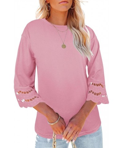 Women's 3/4 Lace Sleeve Summer T-Shirts Casual Round Neck Loose Fit Tee Tops Pink $12.74 T-Shirts