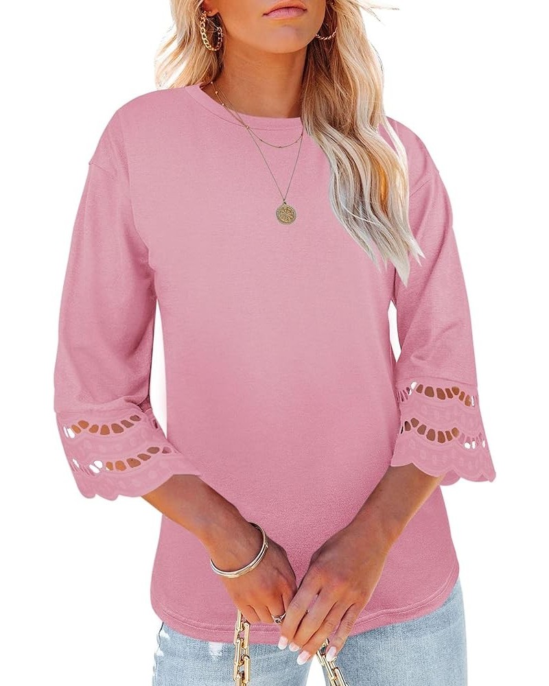 Women's 3/4 Lace Sleeve Summer T-Shirts Casual Round Neck Loose Fit Tee Tops Pink $12.74 T-Shirts