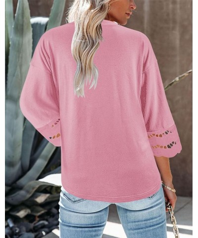 Women's 3/4 Lace Sleeve Summer T-Shirts Casual Round Neck Loose Fit Tee Tops Pink $12.74 T-Shirts