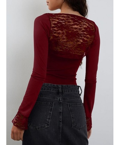 Women's Floral Lace Long Sleeve Square Neck Crop Top T Shirt Strapless Tube Top and Bolero Set Patchwork Lace Burgundy $8.80 ...