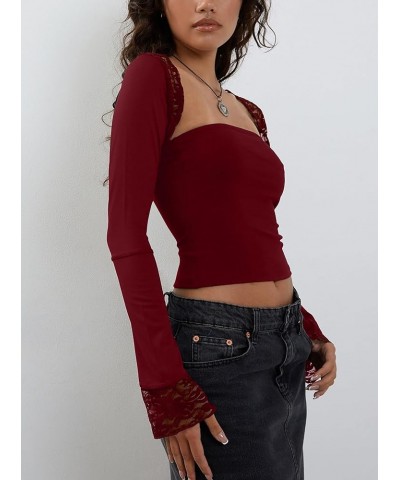 Women's Floral Lace Long Sleeve Square Neck Crop Top T Shirt Strapless Tube Top and Bolero Set Patchwork Lace Burgundy $8.80 ...