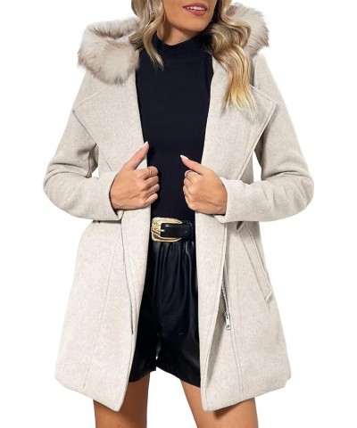 Women Wool Blend Jacket Hooded Casual Trench Belted Coat Beige Apricot With Collar $33.00 Coats