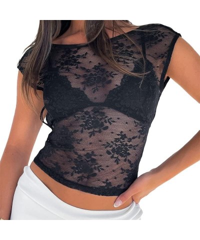 Women Y2K Fairy Grunge Short Sleeve Crop Top Lace Patchwork Slim Fit Shirt Summer Tee Vintage Streetwear A- White $5.71 T-Shirts