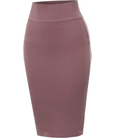 Women's Basic Solid Ponte Knee Length Slit Techno Span High Waist Pencil Skirt Wood Pink $10.25 Skirts