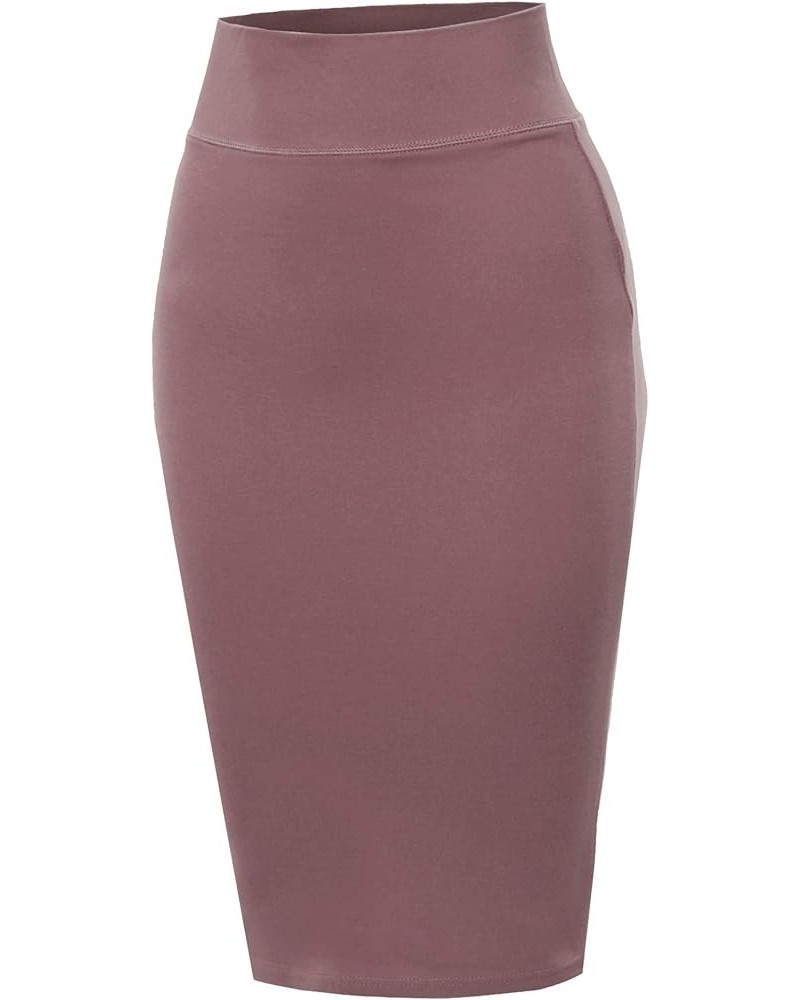 Women's Basic Solid Ponte Knee Length Slit Techno Span High Waist Pencil Skirt Wood Pink $10.25 Skirts