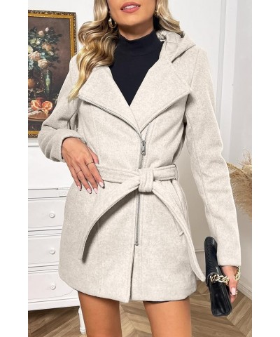 Women Wool Blend Jacket Hooded Casual Trench Belted Coat Beige Apricot With Collar $33.00 Coats