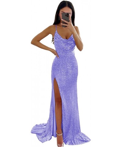 Mermaid Sequin Prom Dresses for Women Spaghetti Strap Ruched Backless Evening Party Formal Gown with Slit 2024 Lavender $25.8...