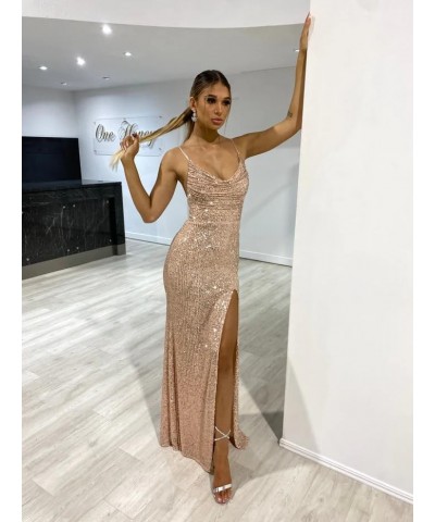 Mermaid Sequin Prom Dresses for Women Spaghetti Strap Ruched Backless Evening Party Formal Gown with Slit 2024 Lavender $25.8...