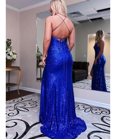 Mermaid Sequin Prom Dresses for Women Spaghetti Strap Ruched Backless Evening Party Formal Gown with Slit 2024 Lavender $25.8...