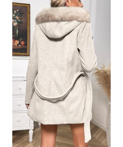 Women Wool Blend Jacket Hooded Casual Trench Belted Coat Beige Apricot With Collar $33.00 Coats