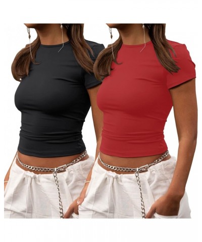 Crop Workout Tops for Women Pack Summer Short Sleeve Gym Athletic Compression Shirts Cute Tight Basic Tops Tee One Black & On...