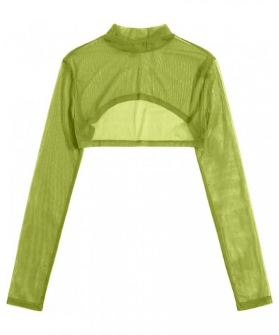 Women's Sexy Sheer Mesh Crop Tops Mock Neck Long Sleeve Shirt Green a $11.79 Blouses