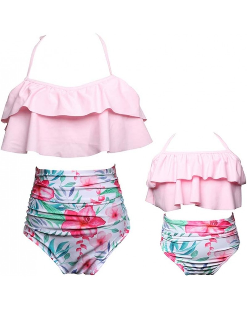 Mommy and Me Halter Ruffle Swimsuit Leaf Printed High Waisted Adjustable Straps Family Matching Bikini Set Ruffle Flounce Pin...