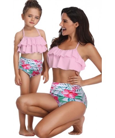 Mommy and Me Halter Ruffle Swimsuit Leaf Printed High Waisted Adjustable Straps Family Matching Bikini Set Ruffle Flounce Pin...