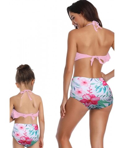 Mommy and Me Halter Ruffle Swimsuit Leaf Printed High Waisted Adjustable Straps Family Matching Bikini Set Ruffle Flounce Pin...