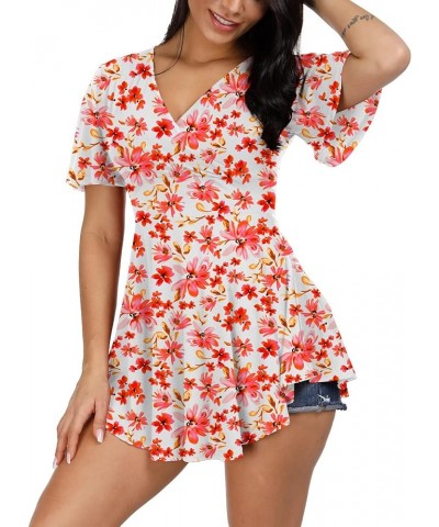 Women's Wrap V Neck Empire Waist Tunic Short Sleeve Tie Back High-Low Ruched Tops White Wiht Pink Flower $10.12 Tops