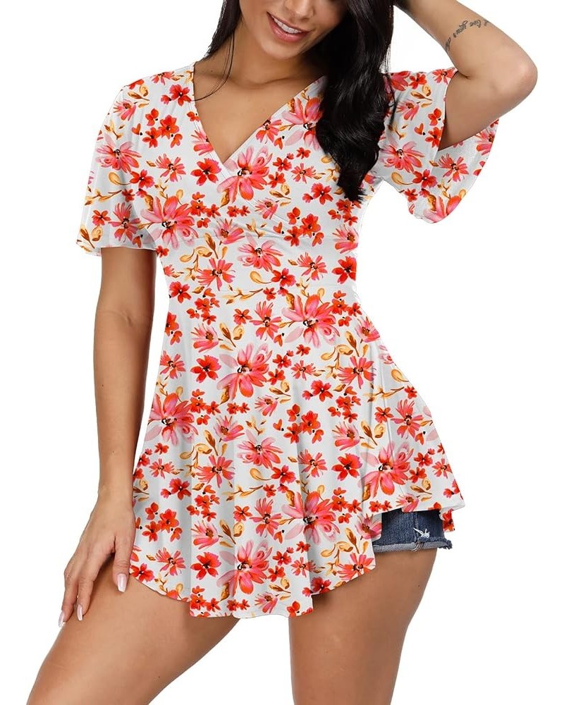 Women's Wrap V Neck Empire Waist Tunic Short Sleeve Tie Back High-Low Ruched Tops White Wiht Pink Flower $10.12 Tops