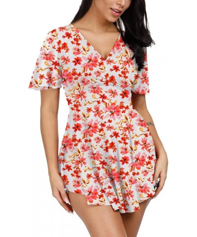 Women's Wrap V Neck Empire Waist Tunic Short Sleeve Tie Back High-Low Ruched Tops White Wiht Pink Flower $10.12 Tops